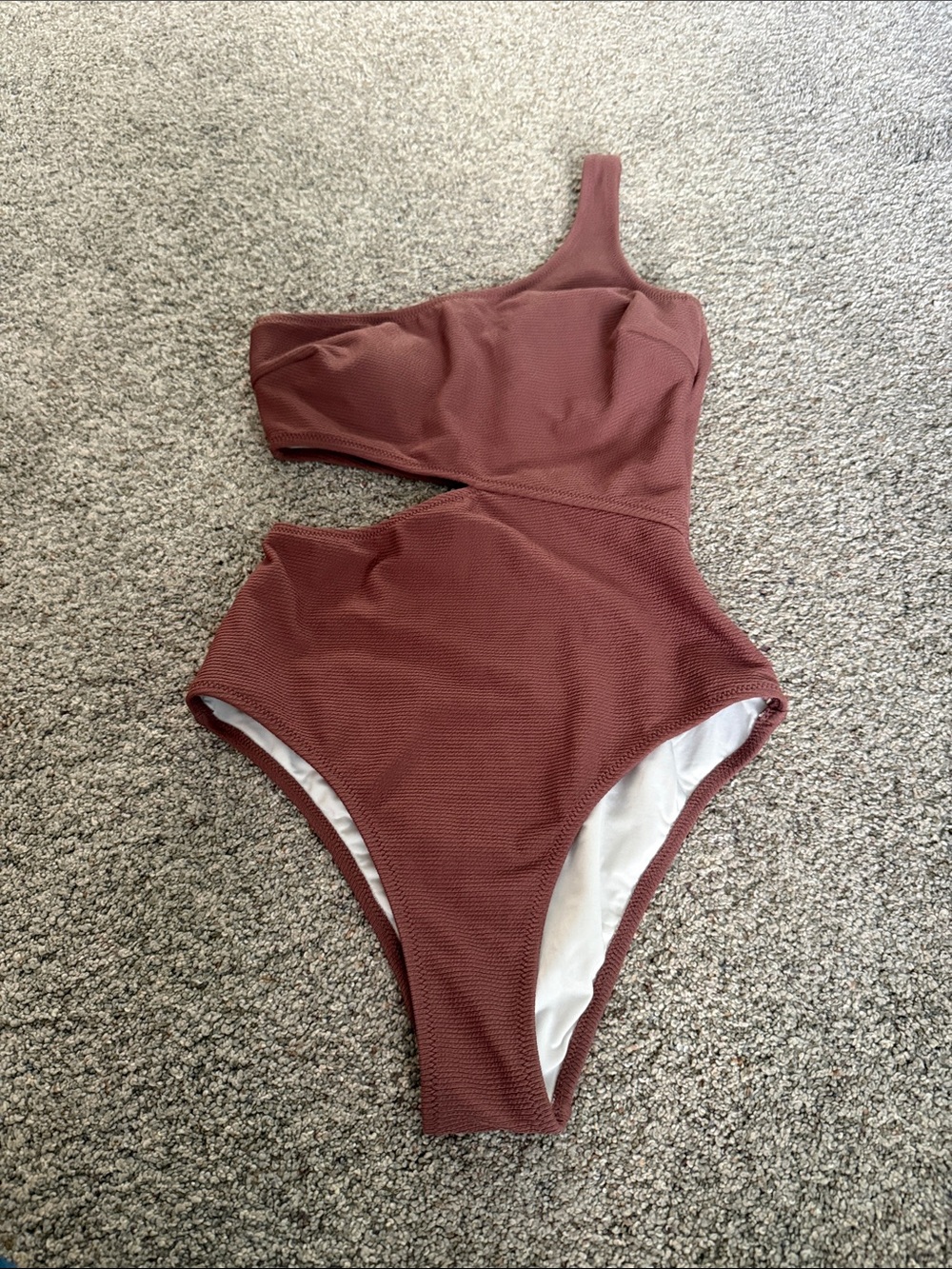 Women’s One-Piece Ribbed Swimsuit - Mauve One-Shoulder Cutout xs